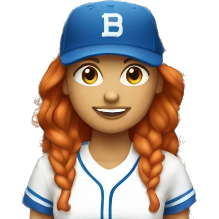 standing up white female coach with long red hair in white t-shirt and with a simple blue baseball hat emoji