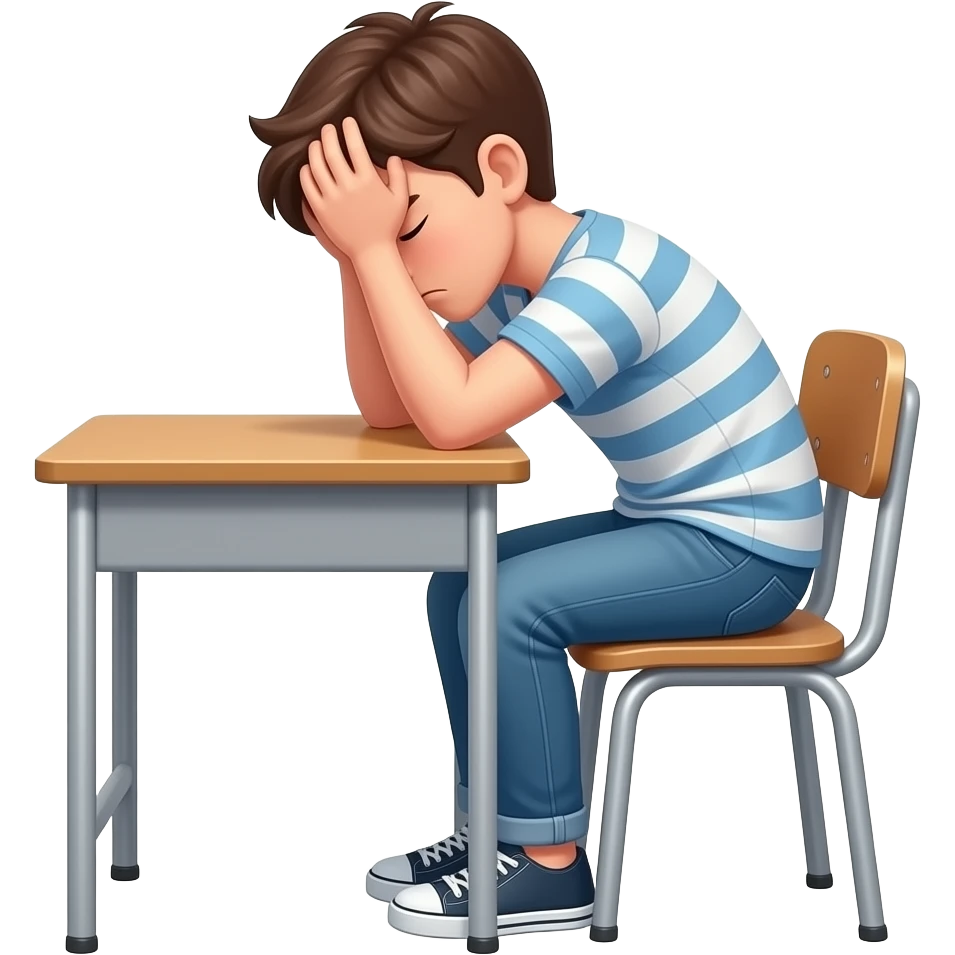 emoji genervter jugendlicher, ganzer körper am Tisch, weißer Hintergrund,  kopf in den Händen, kopf zur seite gedreht, rumpf und beine zur Seite gedreht emoji