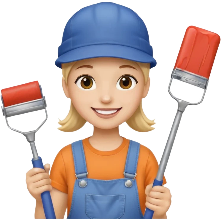 emoji of a professional painter with a paint roller, wearing overalls and a cap, smiling emoji