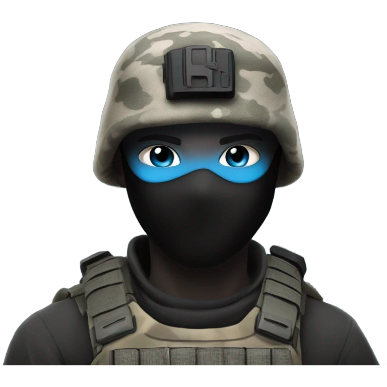 male, pale skin, call of duty black face mask, camo tactical gear, combat boots, black beanie, blue eyes emoji