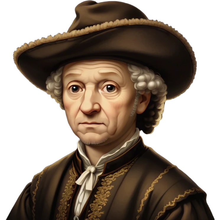 Cinematic Realistic portrait of Rembrandt, shown as a master artist with deep, introspective eyes and richly detailed period clothing, rendered with dramatic chiaroscuro lighting that emphasizes his legacy emoji
