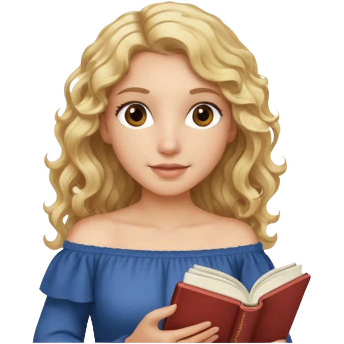 woman with long curly blond hair, brown eyes, wearing an off-shoulder top, studying emoji