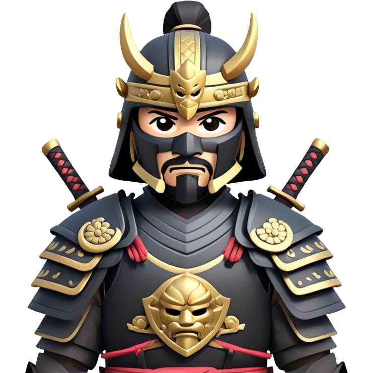 clash-of-clans-aesthetic_-cinematic-fearsome-and-majestic-samurai-bust-portrait-emoji, rendered in a flat, vector-style with minimal shading and bold, simplified shapes typical of emoji art, depicting a battle-hardened samurai with black mask and traditional black Japanese armor. The samurai is riding a noble grey warhorse adorned with an intricately designed saddle and fluttering banners and a rising sun. a samurai on a   horse emoji