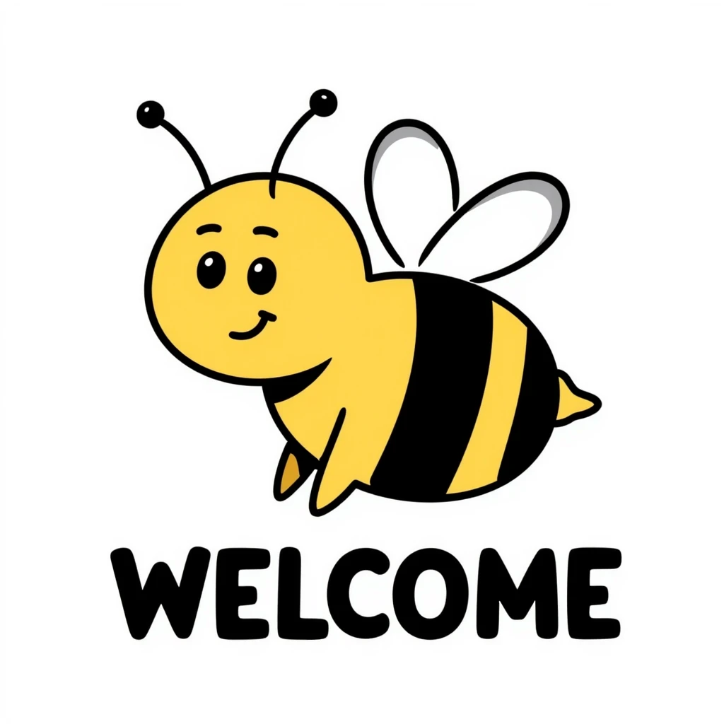 Welcome tag with a happy bee, black and yellow stripes, 'WELCOME' text emoji