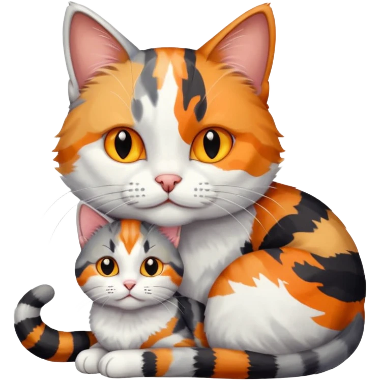 large grey and white cat cuddling a colourful light patched calico + white tabby cat emoji