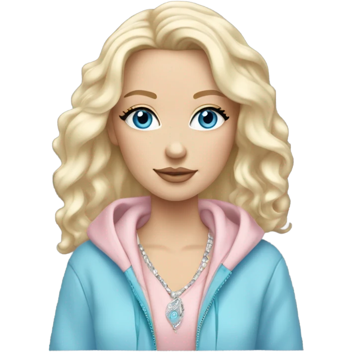 body White girl with platinum wavy blond hair, long lashes and stunning blue eyes wearing jewelry and a light pink oversize hoodie zip up emoji