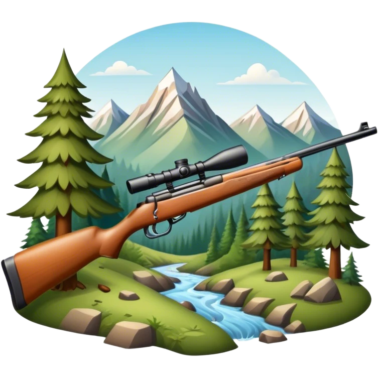 Icon for Hunting Tourism: hunting rifle, surrounded by nature elements like trees, mountains, and wildlife tracks. The icon should represent the adventure and exploration of hunting tourism. Transparent background. emoji