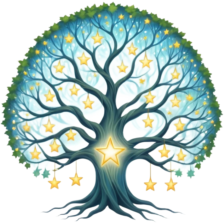 Celestial family tree with star-like portraits connected by flowing gossamer branches, ethereal ancestral connections emoji