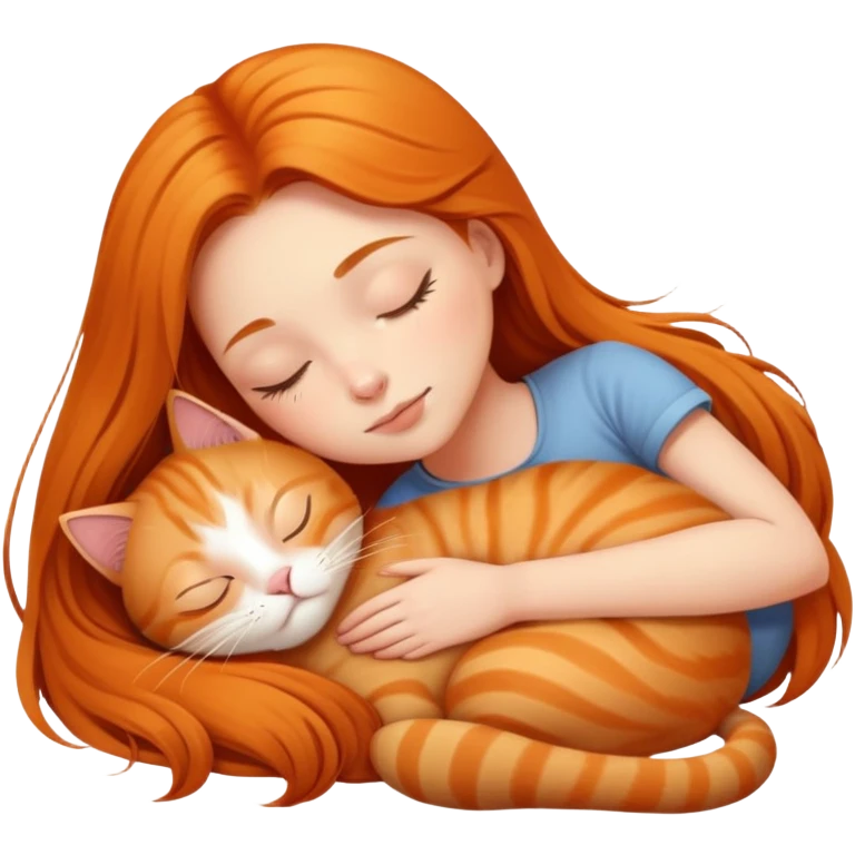 Generate a picture of a beautiful girl with long hair sleeping with a ginger cat emoji