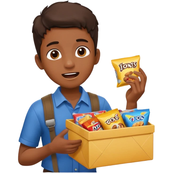 A young vendor boy with a snacks box strapped to his chest, calling out loudly. emoji