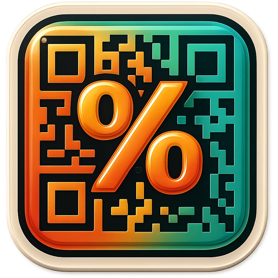 badge featuring a QR code that integrates a large percent sign (%) within it emoji
