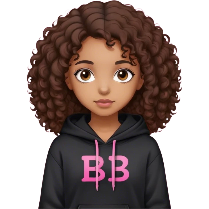 Light brown girl with dark brown curly hair, dark brown eyes, wearing a black hoodie with pink “BROOKLYN” letters emoji