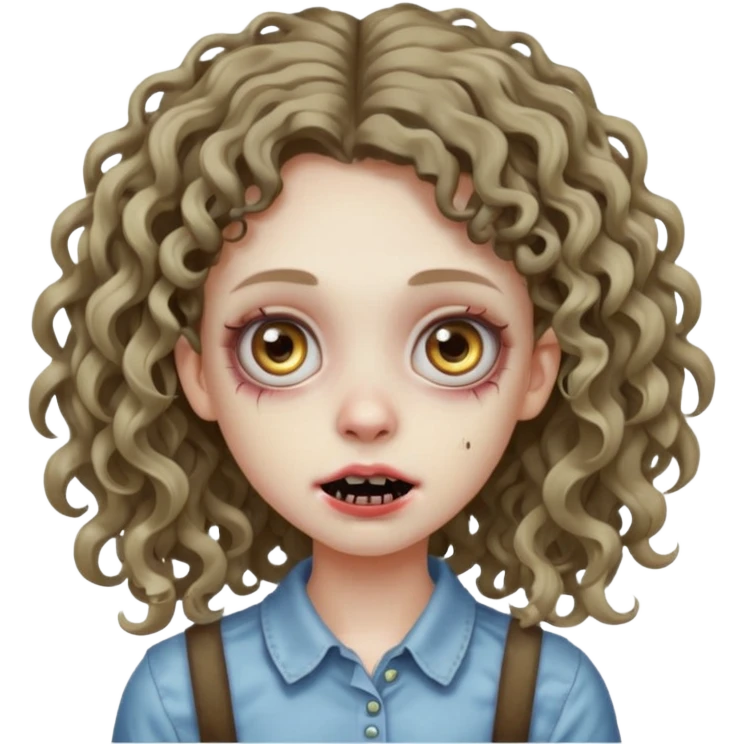 uma garota zumbi com o cabelo cacheado meio ondulado que usa aparelho cabelo grande emoji