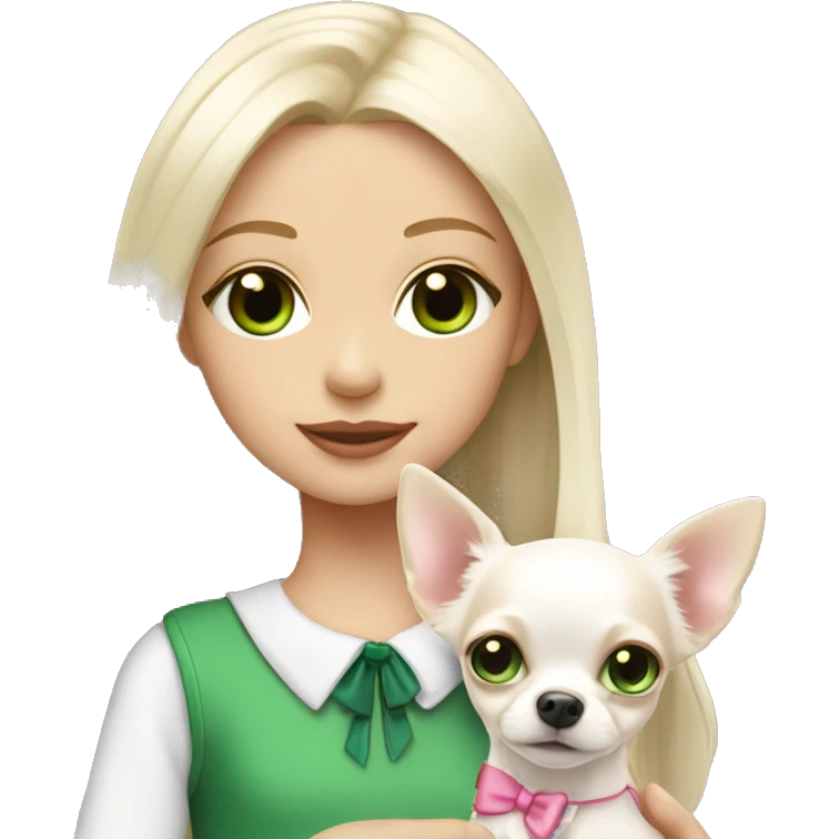 pale blond girl with long platinum hair with green eyes holding a white chihuahua puppy that wearing a pink bow emoji