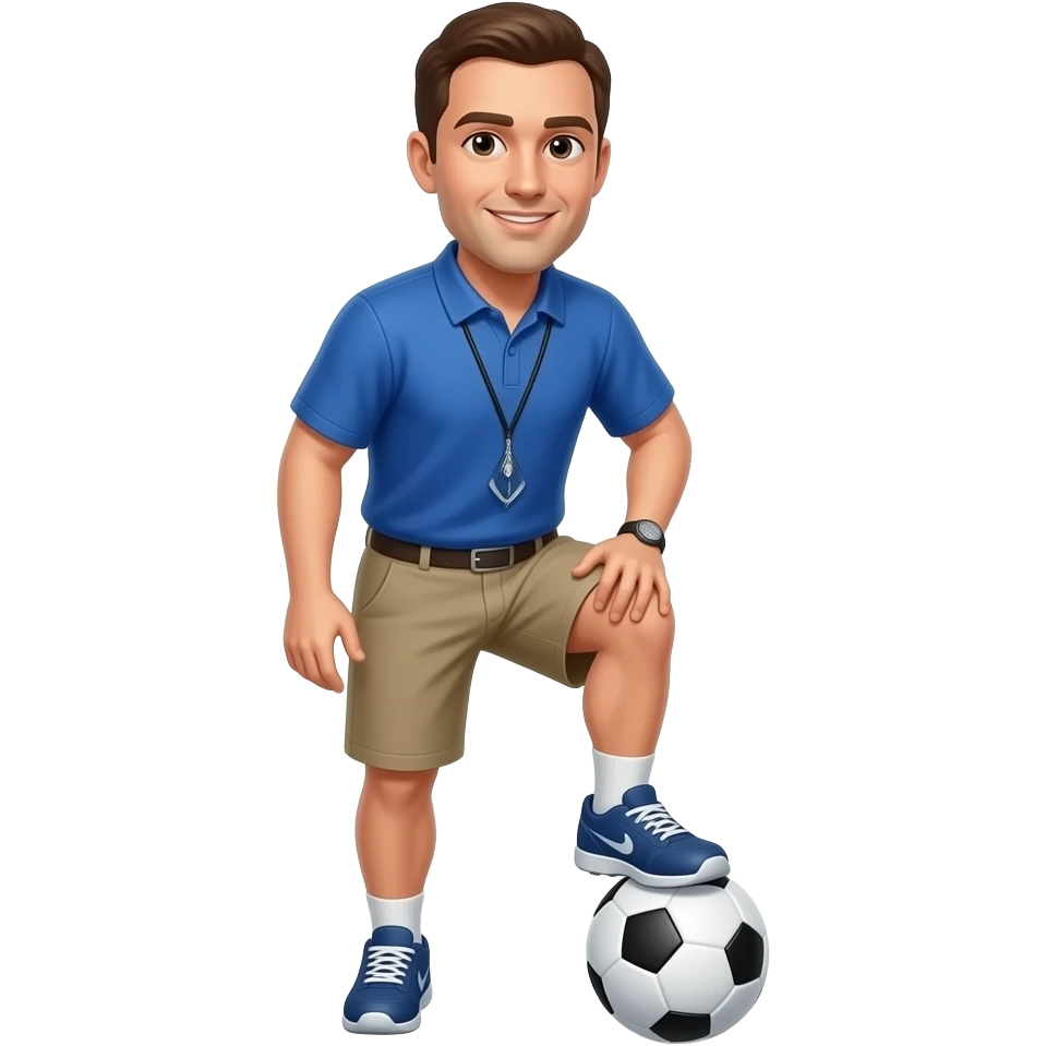 football coach in a blue shirt standing and touching the top of his knee emoji