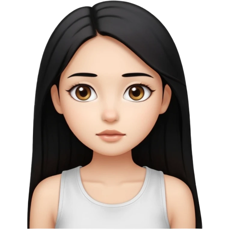 Smooth skin, soft shading, large expressive eyes, natural makeup. 
Long straight black hair, center part. 
Minimalistic and cute facial expression. 
White sleeveless top. 
Bright studio lighting, plain white background. 
High resolution, polished, modern, simple aesthetic. emoji