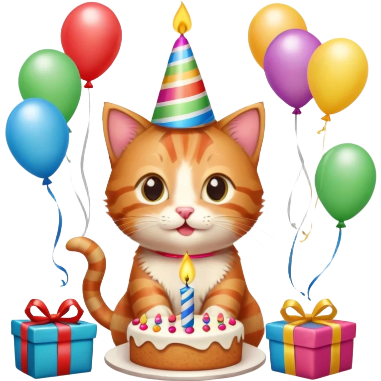 Ginger tabby kitten celebrates birthday, birthday hat, birthday cake, one candle, balloons, happy, gifts emoji