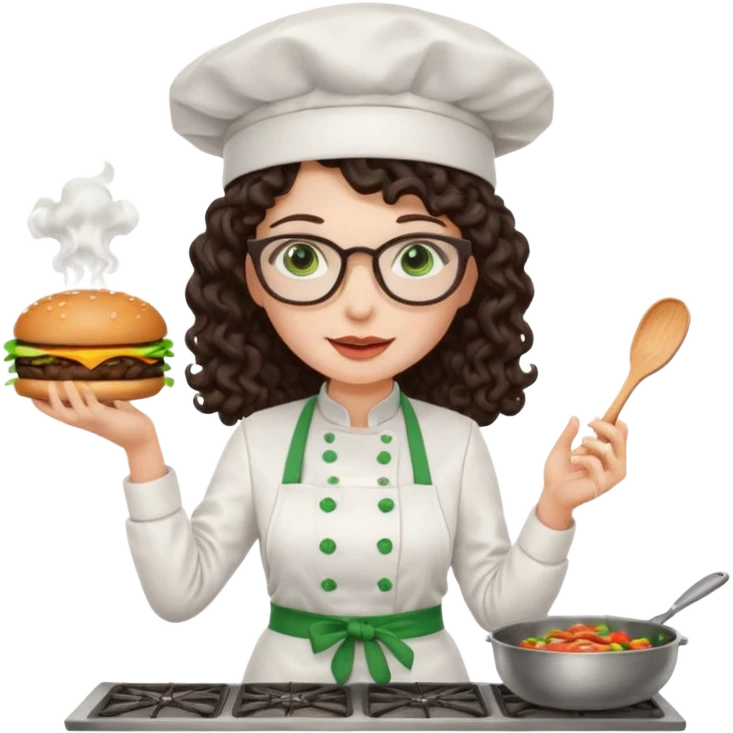 A female chef with glasses, dark brown long curly hair, White skin,Green eyes and cooking a burger emoji