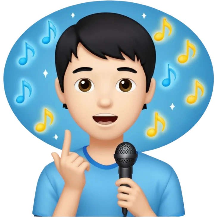 Beautiful Boy with black hair singing karaoke funny light blue aesthetic background with lights emoji