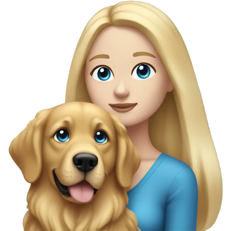 woman with blue eyes and long straight blonde hair and big boobs is holding a very fluffy small golden retriever emoji