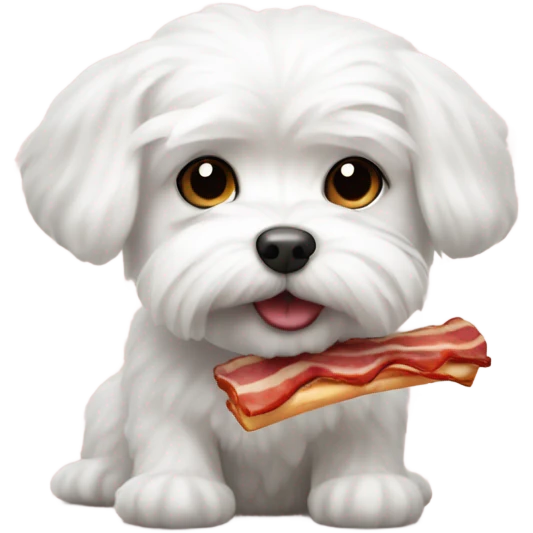 small white maltese holding a piece of bacon emoji