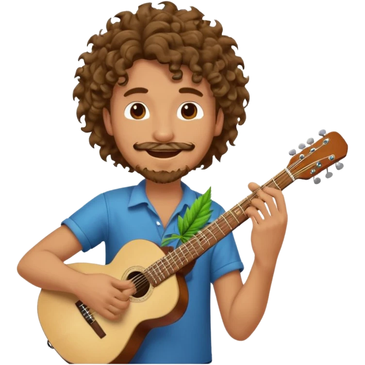 Generate a dude with curly hair and a shitty goatee who is high on marijuana playing the guitar and twisting a strand of his hair emoji