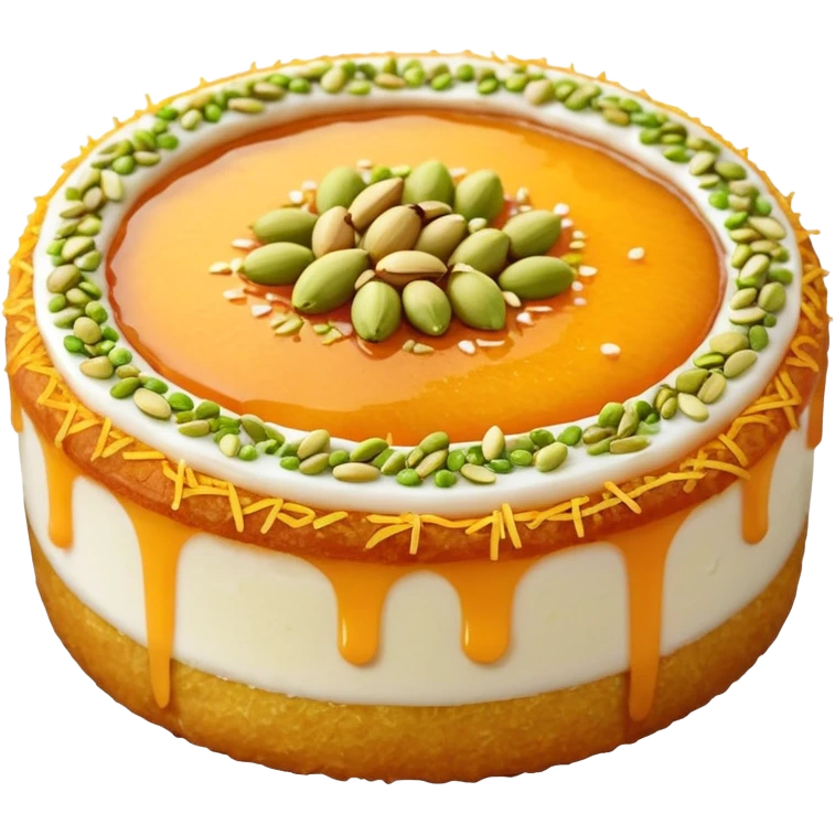 A small round emoji of traditional kanafeh with golden-orange crispy threads, a gooey white cheese center, and a light sprinkle of green pistachios. Warm and delicious-looking. emoji