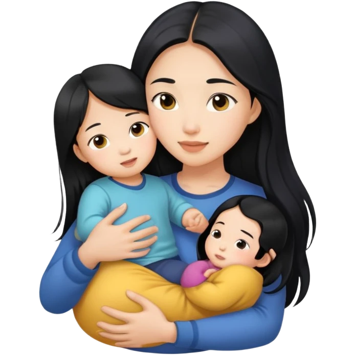 Beautiful Asian girl with long black hair, holding a child in her arms emoji