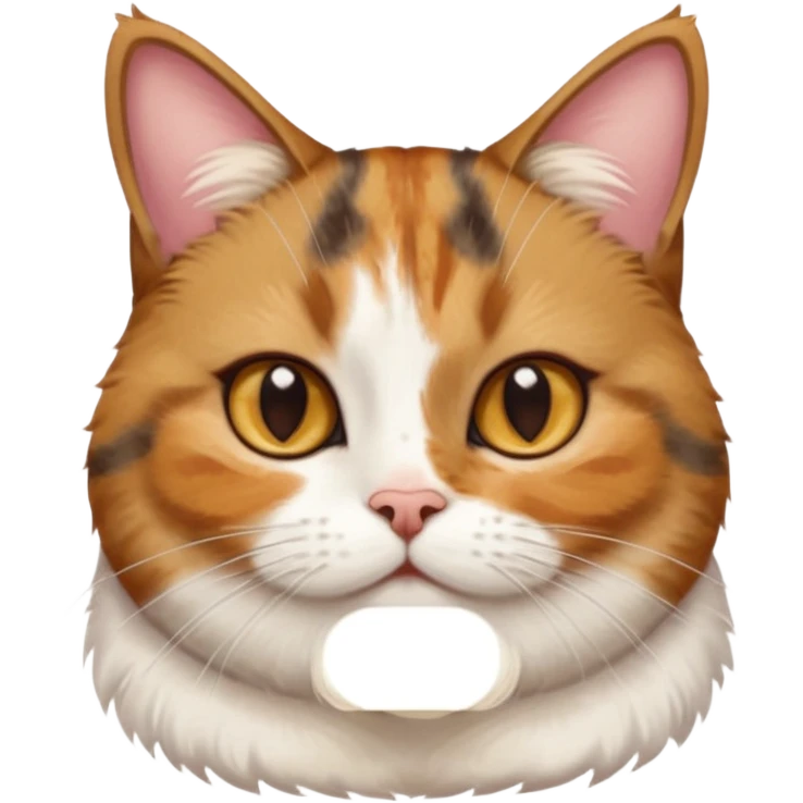 torbie and white cat with small head, hazel eyes, and short but chubby body emoji