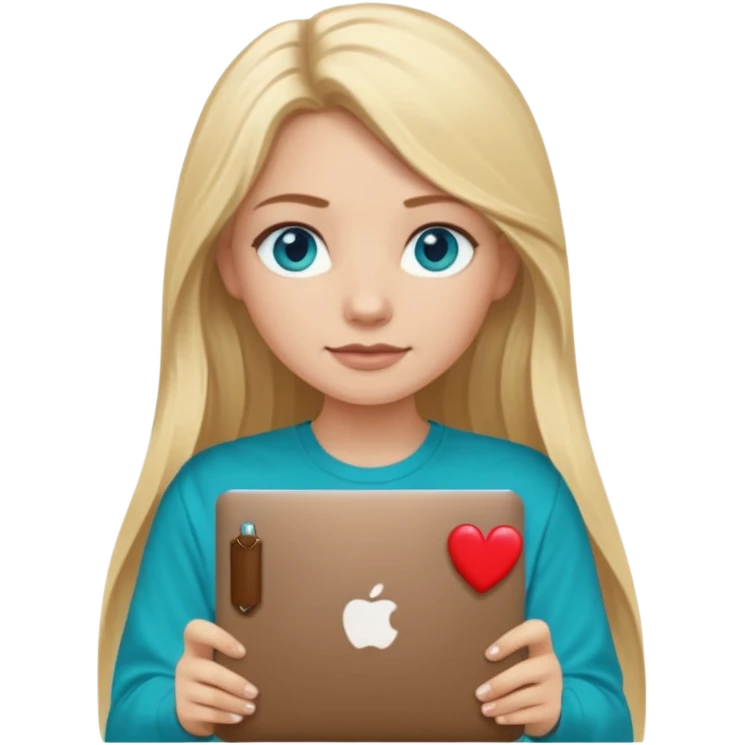 blonde long hair girl using macbook emoji. she has blue eyes and dark coffee shirt with Teal coloured accesory emoji