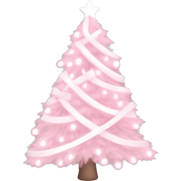 Pastel Pink Christmas tree with pink lights, white ornaments, and white ribbon emoji
