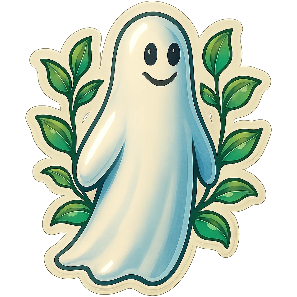 Move the vine and leaves from the ghost's head and shoulders to behind the ghost as decorative elements in the background. Keep the ghost tall, slim, and friendly, in retro sticker style with expressive shadows and highlights. The leaves and vine should frame or accent the ghost from behind, not covering its face or body. emoji