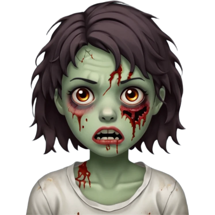 Zombie girl with bruises, she has a dark brown  short wavy hair, she has a tired expression and BLACK eyes, she has dark circles too, her mouth is ripped emoji