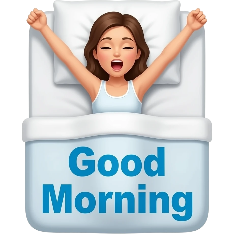 a naked woman waking up in bed with arms fully stretched and yawning with the words "Good Morning" in blue printed across emoji