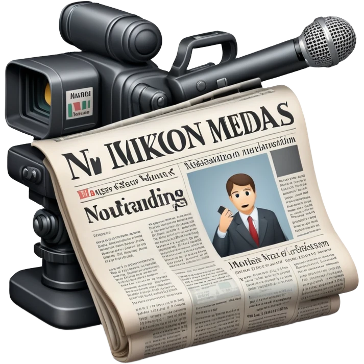 An icon featuring a microphone, a newspaper, a professional camera Nikon D5, representing journalism and mass media. The design includes headlines and imagery, symbolizing the spread of news and information. Transparent background highlights the power of communication and media. emoji