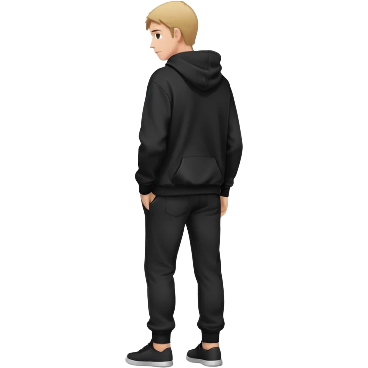 fullbody Mysterious shy caucasian man in black hoodie, hands in pockets and black pants rear backview emoji
