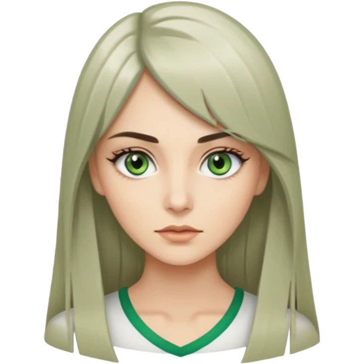 женщина с зелёными глазами, красивыми бровями, серо-бежевыми длинными волосами, подстриженных каскадом, с асимметричным пробором, прямой чёлкой emoji