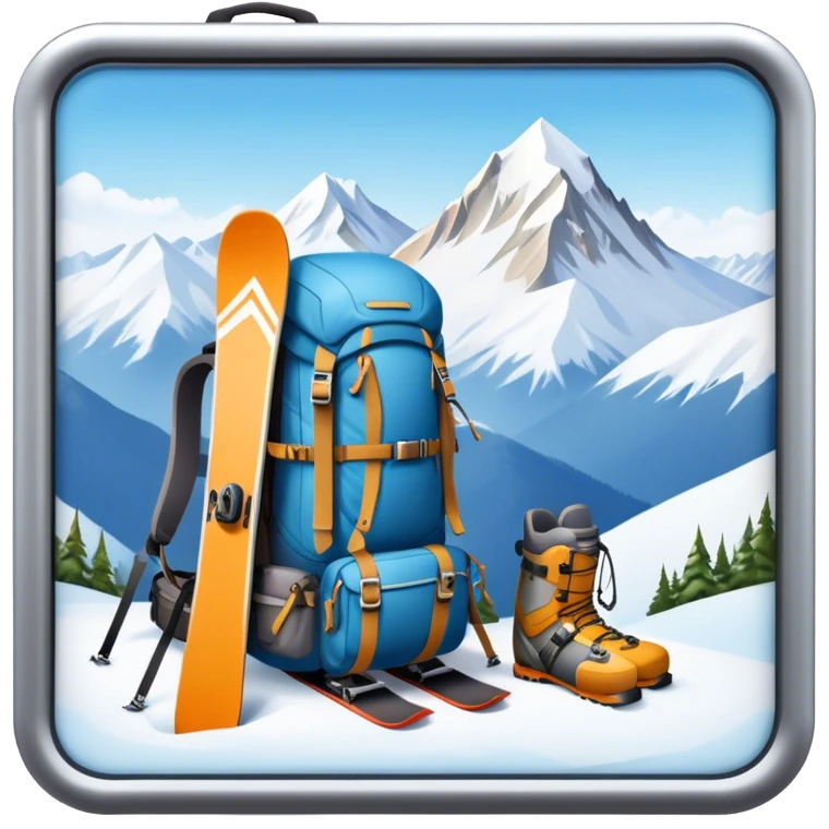 Icon for Mountain Tourism: a snow-covered peak in the distance, with skis, a snowboard, climbing gear, a backpack, and a camera. The icon should represent the adventure and exploration of mountain landscapes. Transparent background. emoji