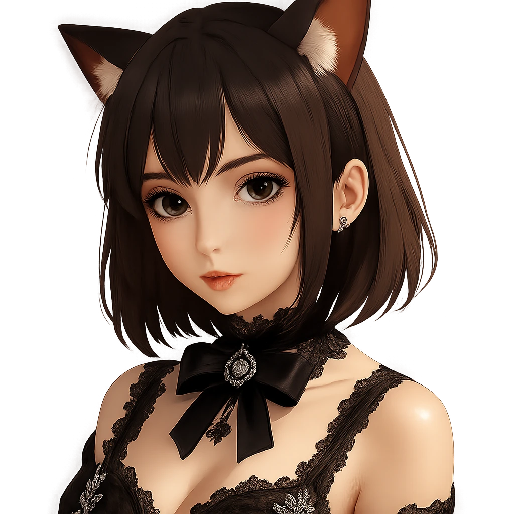 Add gothic accessories such as a black lace choker, velvet ribbon, and ornate brooch to the sexy realistic anime girl with cat ears in a photorealistic style. Keep the background transparent. emoji