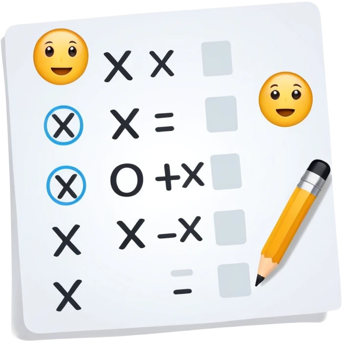 paper with multiple choice answers, a quiz sheet with checkmarks and X marks emoji