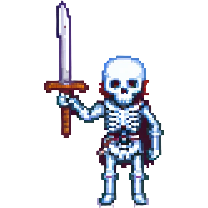 skeleton holding a sword, pixel art style emoji