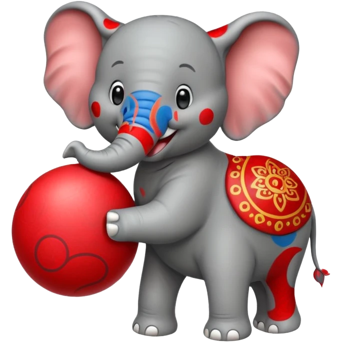 Create a cute emoji of a smiling cartoon elephant balancing a red patterned ball on its trunk emoji