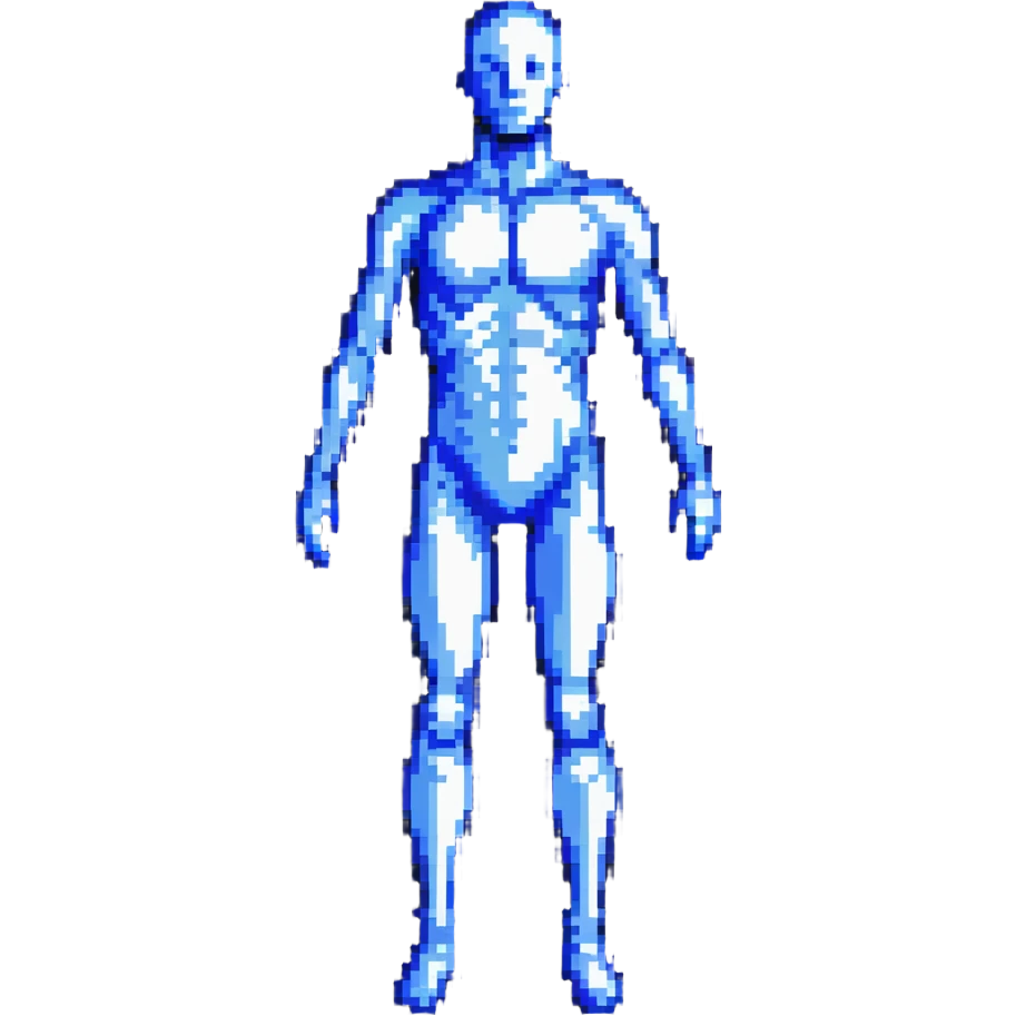 Pixelated human silhouette with digital scanning effect, blue grid lines mapping the body emoji