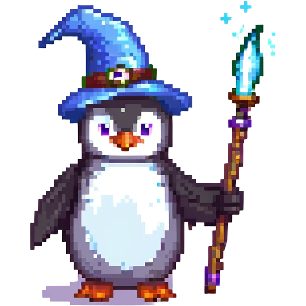 A penguin wizard with a mystical glow and a wand emoji