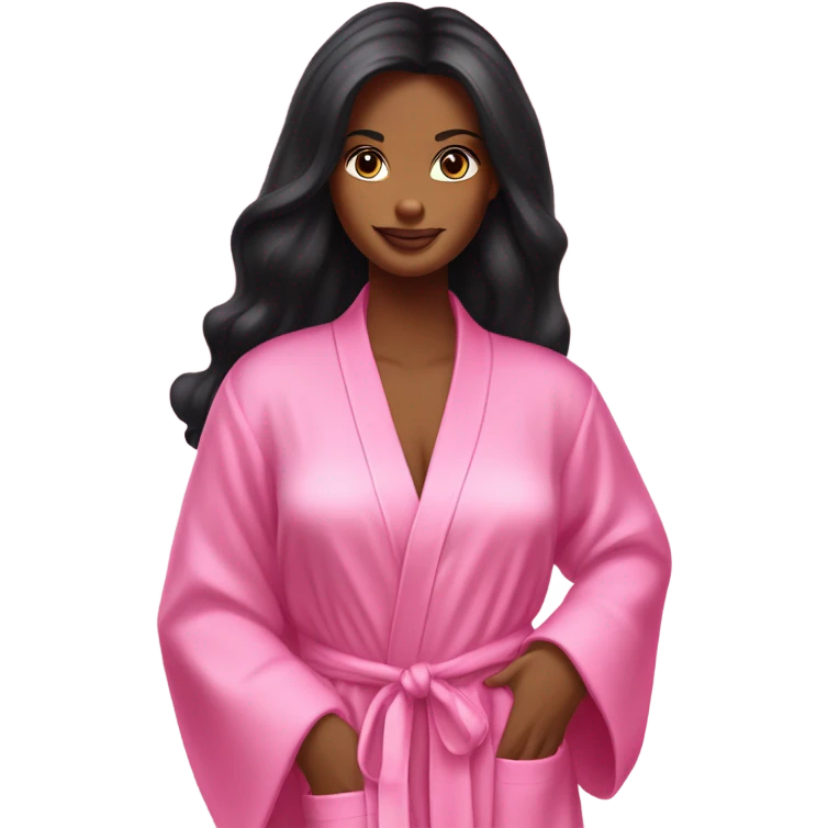 Tanned woman with long black hair wearing a silk pink Victoria’s Secret robe emoji