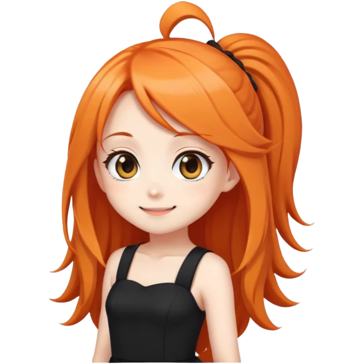 Chibi anime girl with long orange hair, tight black dress, cute smile, big eyes, emoji style emoji