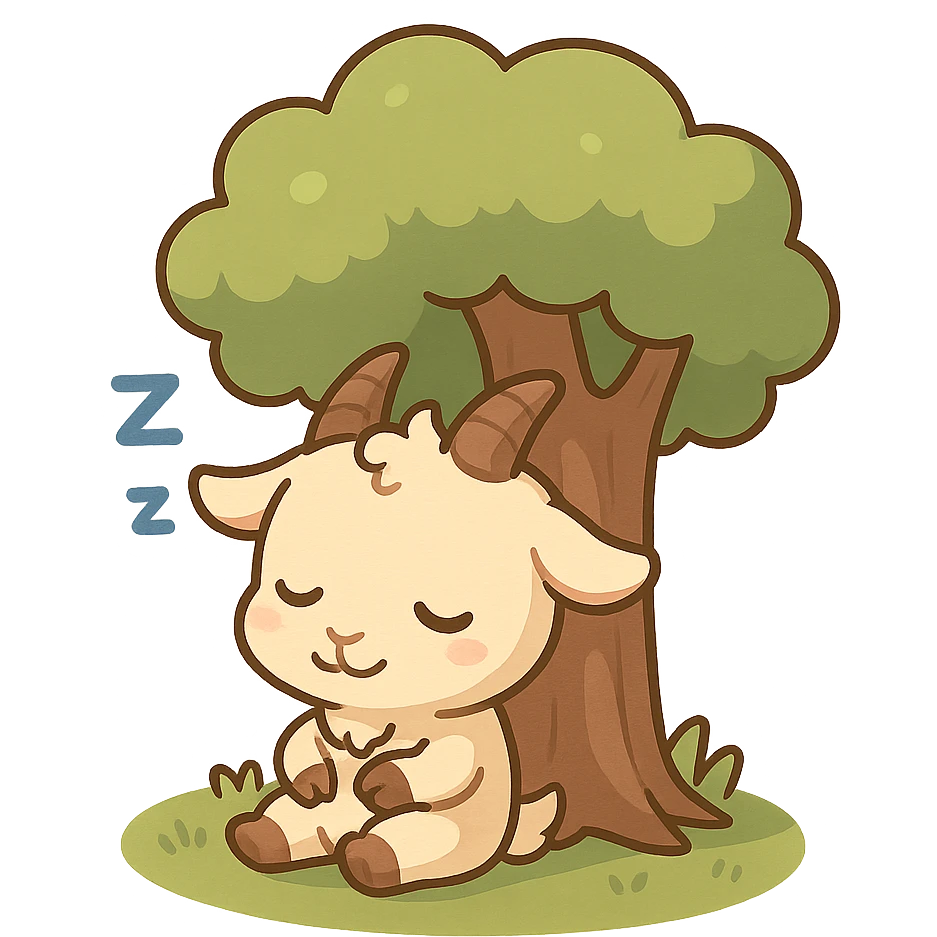 chibi goat, taking a nap, resting under a tree, soft smile, simple background emoji