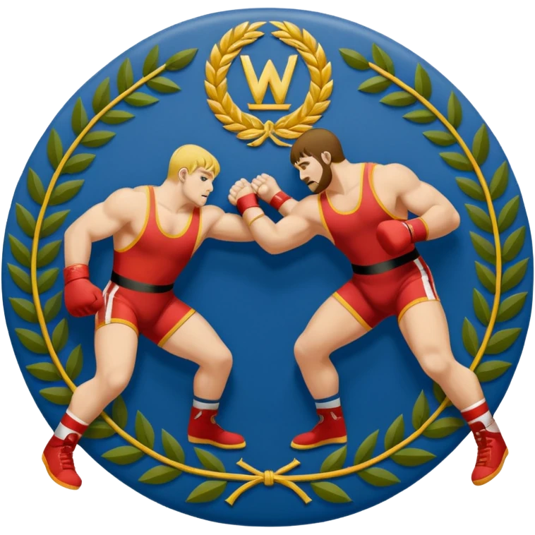 An icon symbolizing wrestling combat sports in the style of an emblem. The design features two wrestlers locked in a powerful grapple, one attempting to take the other down. Surrounding the scene are stylized elements like a championship belt, wrestling mat, and a laurel wreath. emoji