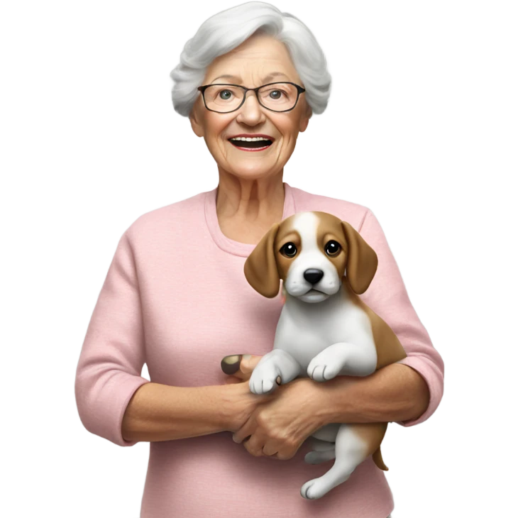 Create a 3d hyper realistic photo of a senior woman holding a puppy  emoji