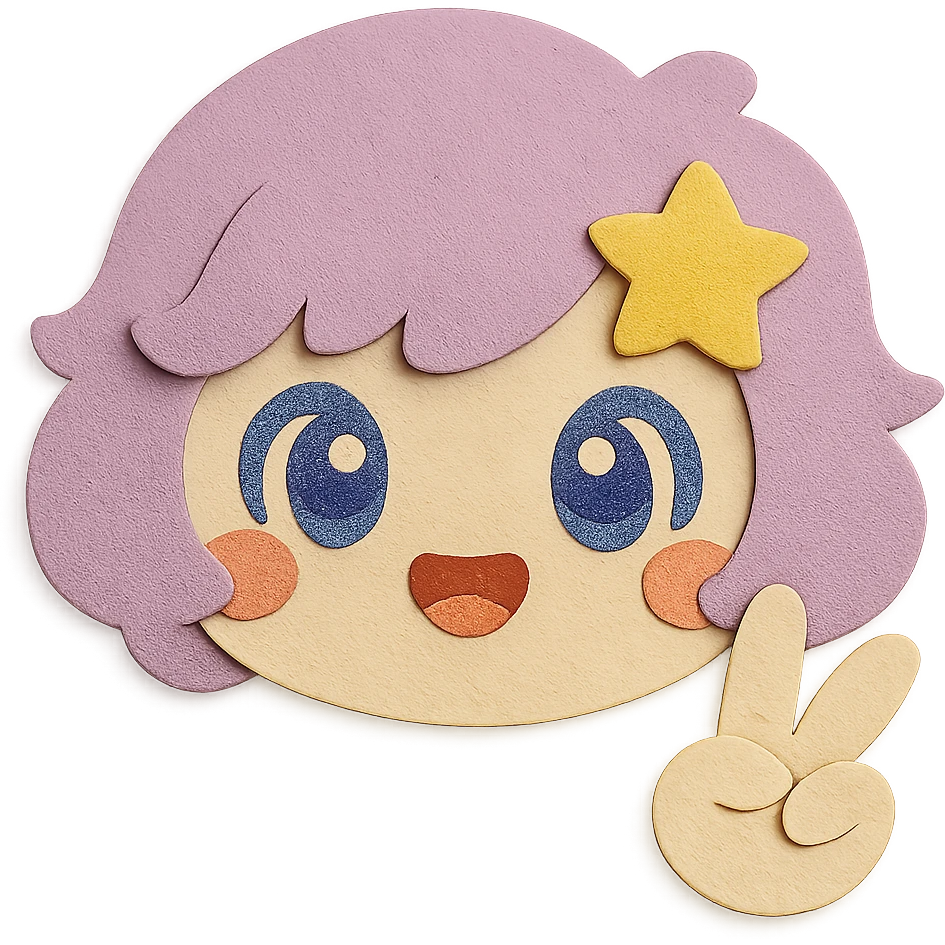 Remove the body, keeping only the head and a peace sign hand gesture. Preserve the face exactly as in the reference image with the same features and colors, including hair, eyes, blush, mouth, and all facial details. Maintain the paper craft style with clean lines and a transparent background. emoji
